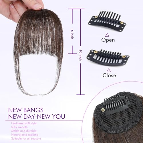 Clip in Bangs 100% Real Human Hair Extensions Wispy Dark Brown Fake Hair Pieces for Women Fringe with Temples Daily Wear - color: Dark Brown, size: Wispy Bangs