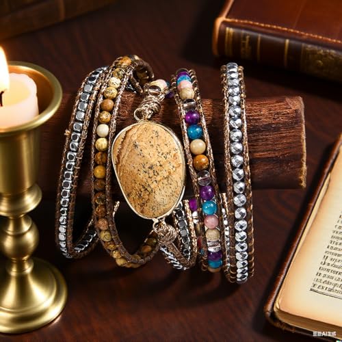 Women Wrap Bracelet Boho Natural Jasper Crystal Stone Beads Strand Bracelets - color: Picture Stone