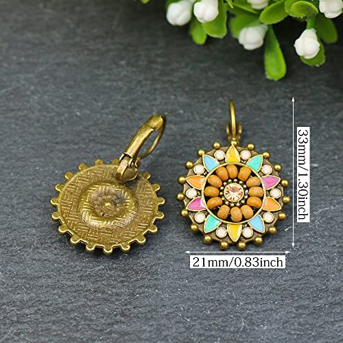 Unique Bohemian Vintage Sparkly Crystal Colorful Round Flower leverback earrings Boho Retro Bronze Circle Beaded Flower Floral Dangle Drop Earrings for Women - color: Colorful