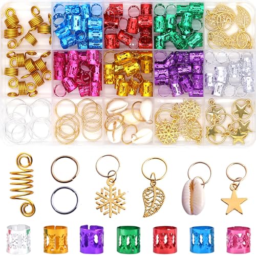 190pcs Colorful Hair Jewelry for Women Braids Dreadlock Locs,Multicolor Metal Hair Charms Accessories Adjustable Hair Cuffs Coils Clips Rings Beads Braiding Decoration - color: Multi Color