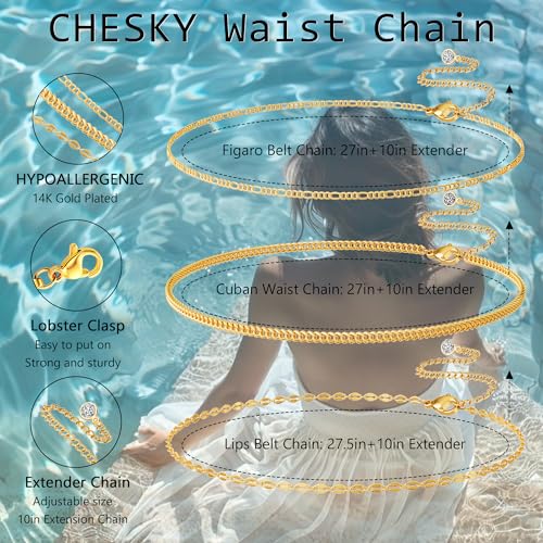 CHESKY 14K Gold Plated Silver Plated Waist Chain for Women, Layered Belly Belt Chains Beach Waist Beads Chain Waterproof Snake Cuban Body Chain Summer Jewelry Accessories for Women - style: 3layer-gd