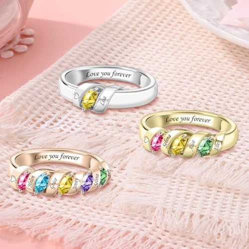 MissNaNa Mothers Ring With 1/2/3/4/5/6 Birthstones Personalized Engraved Name Rings for Women Stacking Birthstone Ring for Mom Grandma Daughter Wife Birthday Christmas Gift - color: 4 Stones