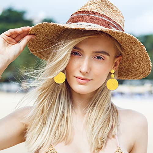 Boho Raffia Ball Earrings for Women, Handmade Statement Drop Earrings Straw Dangle Earrings Beach Vacation Jewelry - color: Yellow