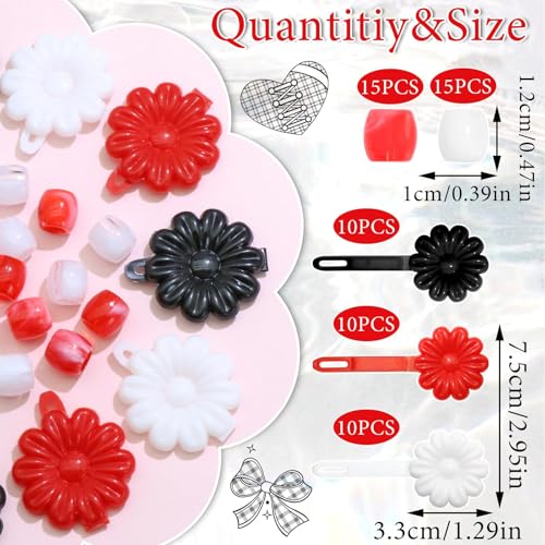 60PCS Hair Dreadlocks Beads Red&&Black&White Loc Bead Decoration Flower Self Hinge Barrettes Plastic Cartoon Hairpin 80s 90s Barrette Clip Decoration Accessories for Toddler Girls - color: Black&Red&White