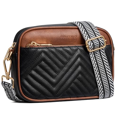 BOSTANTEN Quilted Crossbody Bags for Women Vegan Leather Purses Shoulder Handbags with Wide Strap - color: Black&brown