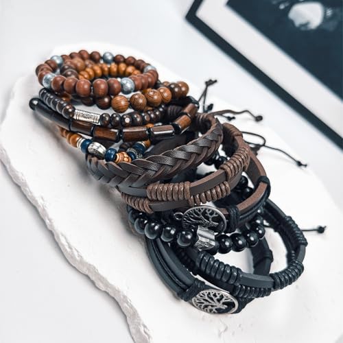 Punk Braided Leather Bracelets for Men Women Gothic Wood Beaded Tribal Wrap Wristband Grunge Emo Multilayer Adjustable Mens Bracelet in Black Brown Fathers Day Gift - color: Tree
