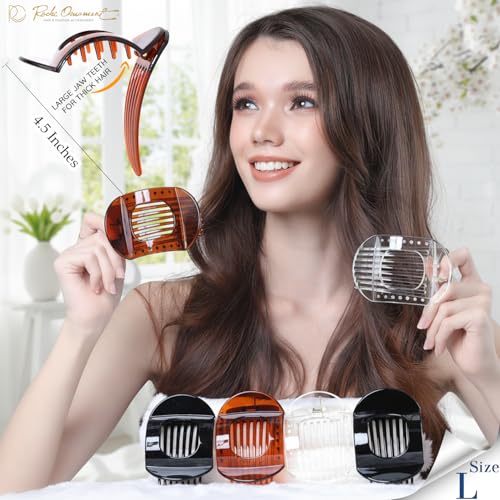 RC ROCHE 6 Pcs Flat Claw Hair Clips for Women Thick Hair French Round Duckbill Square Secure Strong Hold Grip Clamps Barrettes Curved No Slip No Crease Styling Cute Jumbo XL, Large Clear Brown & Black - color: (Large) Clear Brown Black