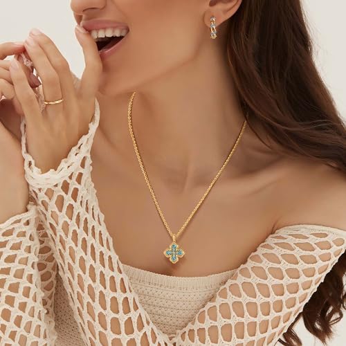 Fettero Dainty Gold Necklace for Women - Double Sided Pendant Necklace 14K Gold Plated Charm Clover Necklace Jewelry for Valentine's Day - color: Turquoise blue