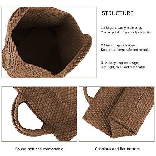 Hand Woven Bag Tote BagS For Women Top Handle Shoulder Vegan Leather Large Travel Beach Hobo Handbag - color: Brown-a