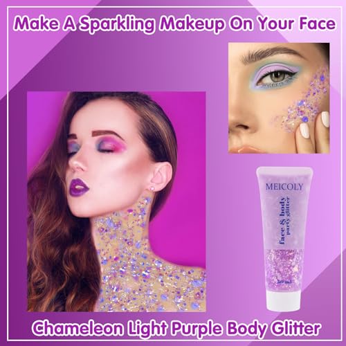 MEICOLY Chameleon Light Purple Hair Glitter,Holographic Chunky Face Body Glitter,Color Changing Mermaid Face Glitter,Self-adhesive Glitter Sequin for Face Body Hair,Festival Party Cheer Glitter Makeup - color: chameleon light purple body glitter