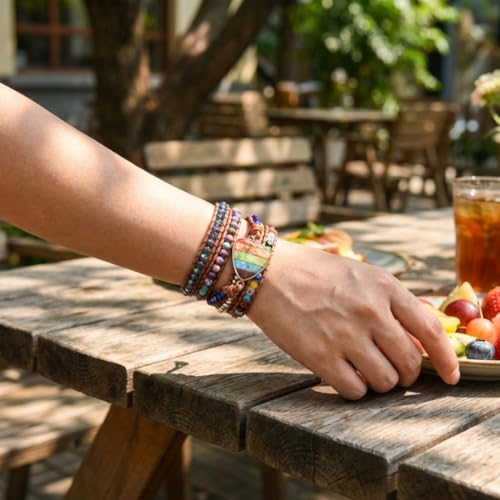 YGLINE Boho Handmade Wrap Leather Tube Crystal Stone Bracelet for Women - color: Chakra 4