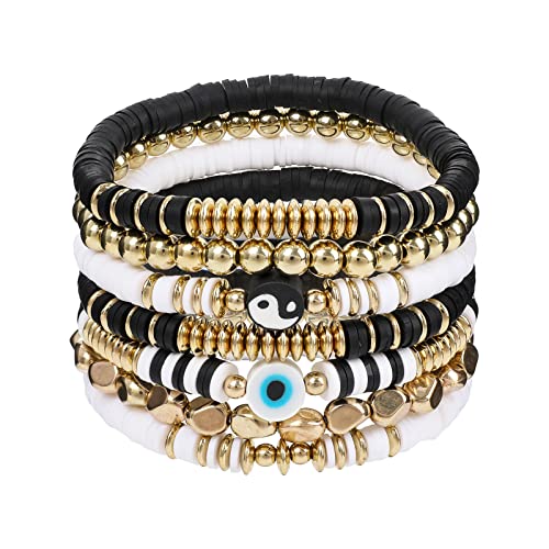 Colorful Heishi Surfer Bracelets Set for Women Stackable Clay Beaded Bracelets Disc Stretch Preppy Bracelets Smiley Face Friendship Bracelets Team Cheer Bulk Boho Summer Beach Jewelry Gift - color: Black and White