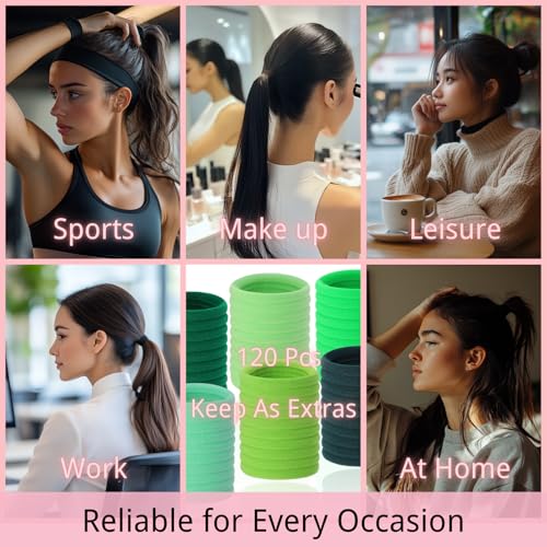 LuSeren 120 Pcs Green Hair Ties for Women, No Damage Soft Seamless Nylon Hair Elastics for Thick Hair, Ponytail Holders,6 Gradient Green Hair Accessories - color: Green