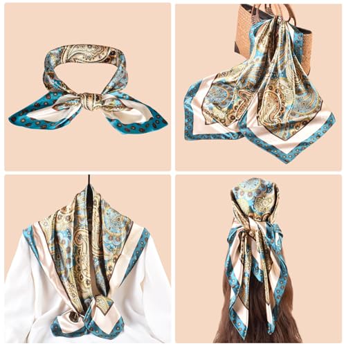 35” Satin Large Square Head Scarves-Like Silk Satin Scarf for Hair Wrapping at Night Bandana Square Scarf for Sleeping - color: Snowflake Edge-peacock Green