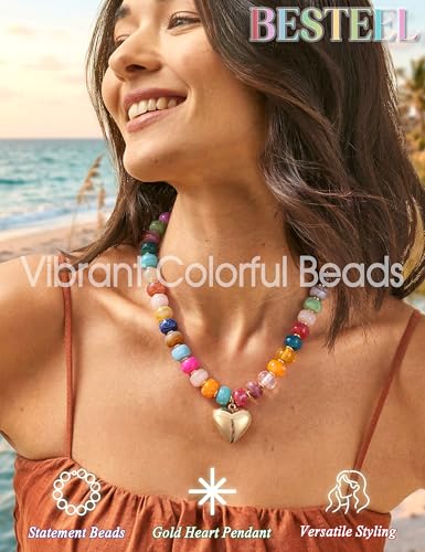 Besteel Chunky Beaded Necklace for Women - Colorful Resin Bead Choker Statement Necklaces with Gold Conch Heart Pendant Trendy Boho Large Summer Beach Jewelry - style: Heart