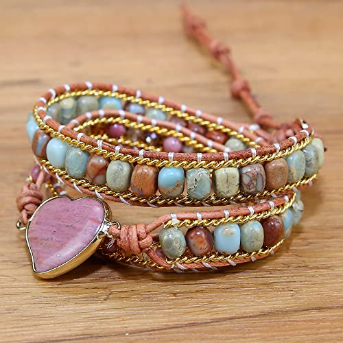 Women Wrap Bracelet Boho Natural Jasper Crystal Stone Beads Strand Bracelets - color: Rhodochrosite