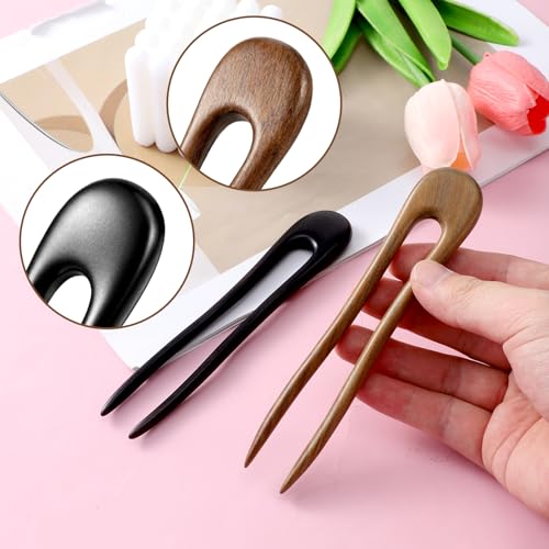 2 Pack U Shaped Hair Pins with Two Prongs Hair Clips for Buns, Wooden Hair Forks, French Hair Pin, Wooden Hair Fork for Women, Valentines Wedding Prom Decorative accessories