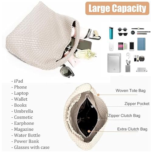 Geelyda Woven Tote Bag for Women with Purse, Fashion Shoulder Hobo Underarm Bags, Large Woven Handmade Work Commuter Day Bags - color: White