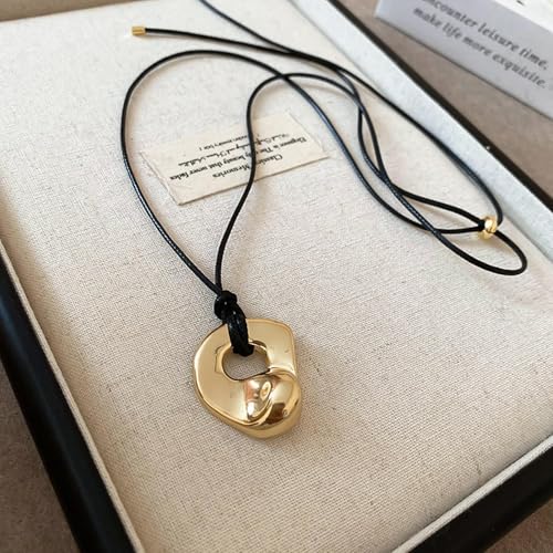 Black Cord Necklace with Gold Circle Pendant Chunky Leather Cord Necklace Large Round Pendant Statement Necklace Long Boho Jewelry Western Outfit for Women - color: B4