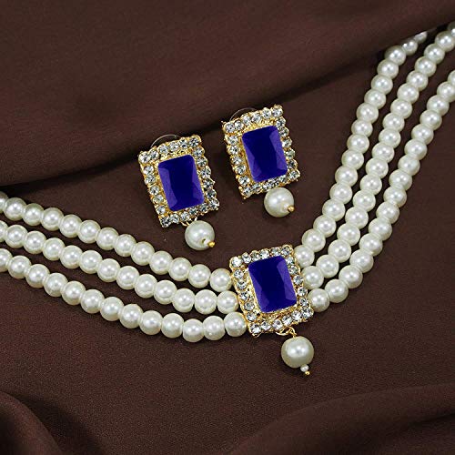 Aheli Ethnic Choker Necklace Earrings Wedding Bollywood Party Jewelry Set Gift for Women - color: Blue 1
