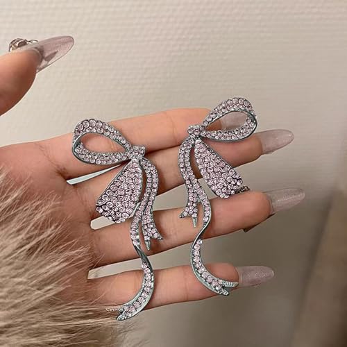 Rhinestone Bow Earrings for Women, Elegant Bridal Jewelry Statement Drop Dangle Earrings, Wedding Guest Dress Matching Accessories, Bridesmaid Gift, Sparkling Party Costume Outfit - color: B2:Pink Bow Earrings