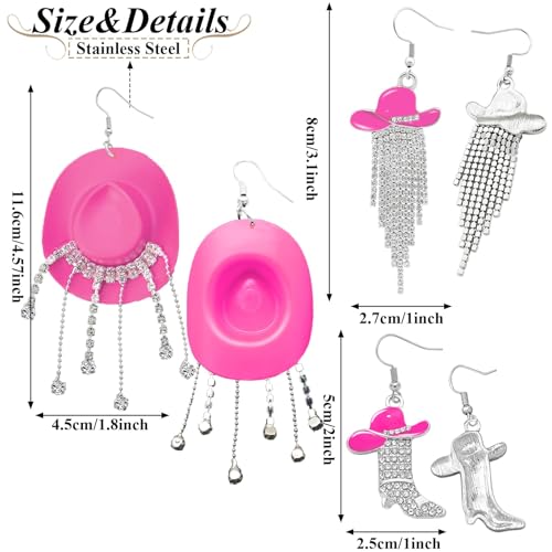 RechicGu 3 Pairs Western Cowgirl Cowboy Hat Earrings Set Silver Symmetric Boots Sparkly Rhinestone Tassels Drop Dangle Rural Culture Earrings Set For Women - color: Silver Boots,Rose Red Hat