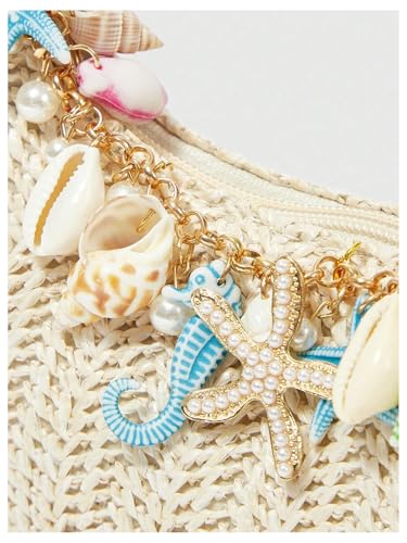 MakeMeChic Women's Straw Beach Purse Seashell Beaded Shoulder Handbags Summer Vacation Bags - color: Multicolor