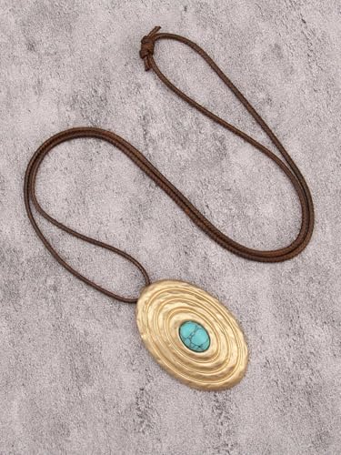 GelConnie Leather Necklace for Women Round Wooden Pendant Long Leather Choker Vintage Sweater Necklace Gold Chunky Boho Necklaces for Women - style: Gold Boho Pendant Necklace