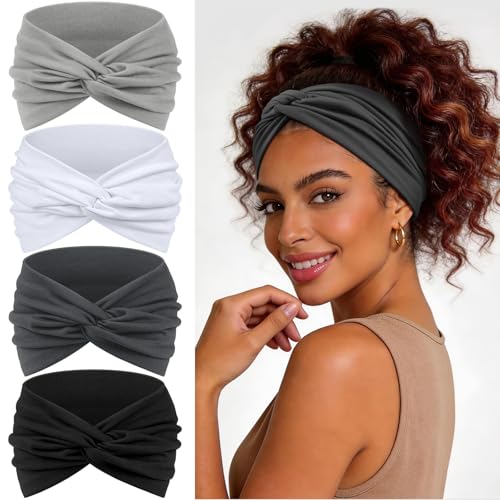 Wide Headbands for Women's Hair, 4 Pcs Hair bands – Vintage Turban Elastic Head Bands Adult Women Soft Head Wraps Knotted for Yoga & Workout – Summer Fashion Hair Accessories (gray) - color: gray