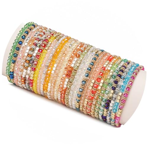 30Pcs Boho Beaded Bracelets for Women Colorful Stackable Sparkly Crystal Beads Bracelets Multi-Layer Versatile Statement Bracelets Stretch Cuff Jewelry Gifts