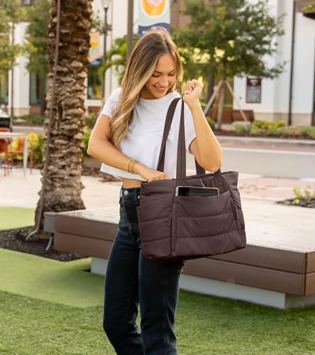 Tote Bag for Women with Zipper, Quilted Puffer Tote Bag with Compartments, Lightweight Puffy Work Bags for Women Travel - color: Dark Brown