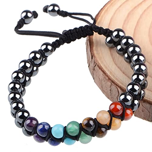 MASSIVE BEADS Double Layer Natural Chakra Healing Power Crystals Macrame Bracelet Yoga Stone Beads Gemstone Meditation Relax Anxiety Bangle for Unisex Women Men - color: 7-Chakras&Hematite, size: 6mm