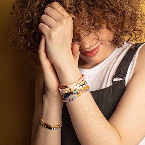 Sonateomber Tila Flat Beaded Stretch Bracelets for Women, Trendy Unique Colorful Square Beads Handmade Stack Bracelet Friendship Accessories Fashion Jewelry Gift - color: Blue Gold