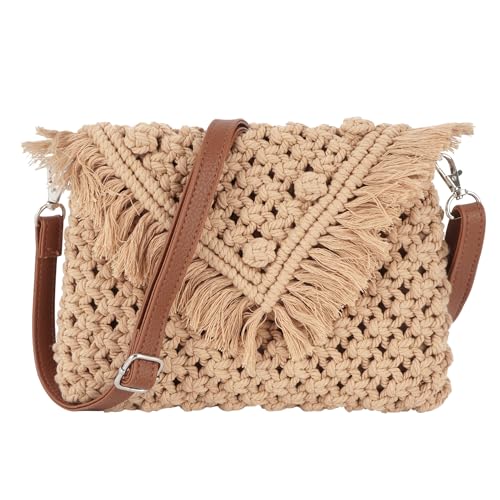 Goclothod Women Crochet Fringed Shoulder Bag Cotton Tassel Crossbody Bag Hippie Beach Purse - color: Crochet Khaki