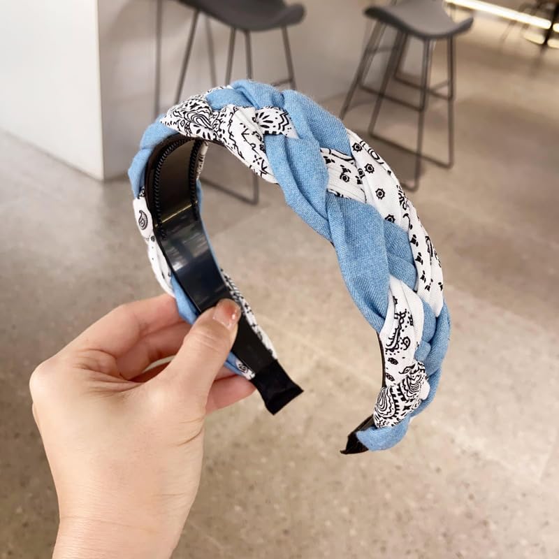 Braided Headband for Women-Vintage Fabric High Crown Headband with Non-Slip Teeth, Cute Boho Knotted Hair Band for Women & Teens (13-Blue White, One Size) - color: 13-Blue White