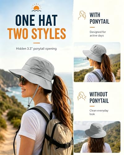 Womens Ponytail Sun Hat Packable UPF50+ Waterproof Bucket Hat Hiking Fishing Safari Hat Foldable Beach Hat - color: Light Grey