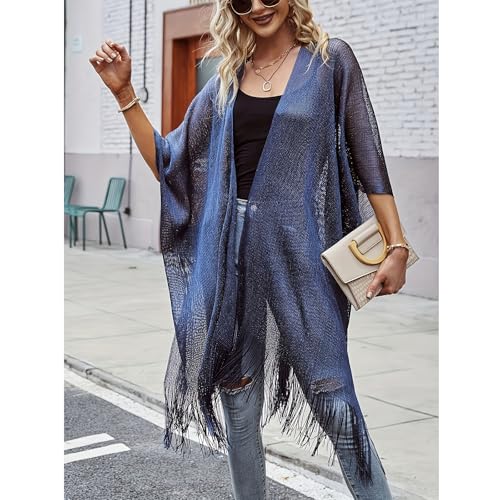 Sparkle Metallic Evening Shawls for Women formal Party Dresses Beach Travel Cardigan Shawl Wrap for Swimsuit - color: L-navy Blue