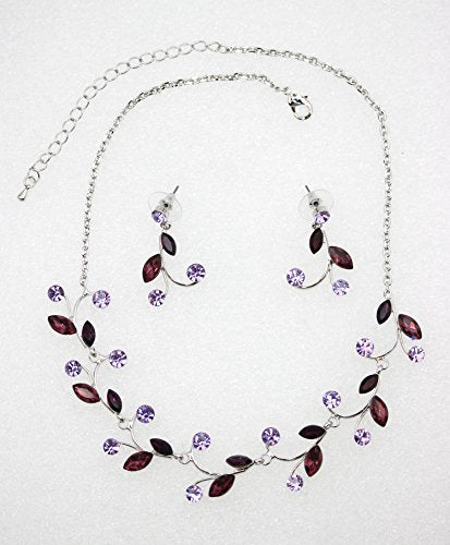 Faship Gorgeous Rhinestone Crystal Floral Necklace Earrings Set - color: Purple