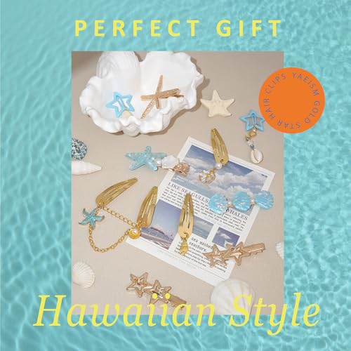 10PCS Blue Starfish Hair Clip Bling Gold Seashell Hair Clips Y2K Summer Beach Shell Hair Accessories for Women and Girls - color: Blue