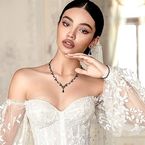 Jewelry Set for Women, Necklace Dangle Earrings Bracelet Set with White AAA Cubic Zirconia, Allergy Free Wedding Party Jewelry for Bridal Bridesmaid - color: Necklace+Braclelet+Earrings-Black