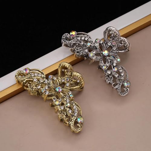Fancy Hair Claw Jaw Clips Pins For Womens, Vintage Rhinestone Crystal Flowers Hair Barrette for Thick Hair Accessories White Silver - color: gold