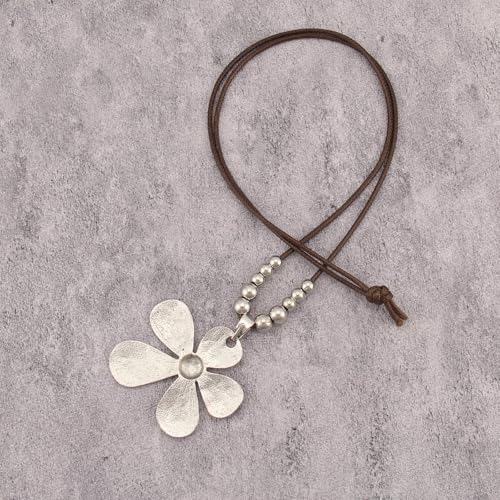 Bohemian Women's Leather Long Pendant Necklace Sweater necklace Adjustable Retro Woven Handmade Jewelry - color: Silver Flower