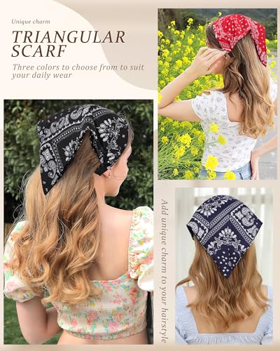 HAIMEIKANG Floral Hair Scarf Headbands for Women Boho Bandanas for Women Triangle Kerchief Solid Color Hair Bands Vintage Head Scarf (Black+Blue+Red) - color: Black+Blue+Red