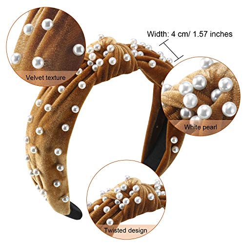 WILLBOND 3 Pieces Pearls Headband Knotted Headband for Women Velvet Pearls Hairband for Woman Hair Accessories - color: Black, Gold, Beige