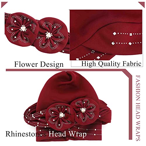 Woeoe Beanie Cap Head Wrap Black Rhinestones Head Scarf Flower Pearls Twisted Head Turban for Women Girls - color: Burgundy