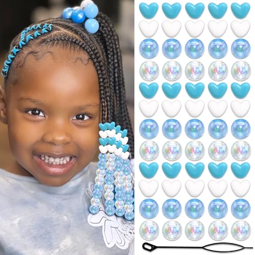 60PCS Heart Hair Beads Blue White AB Round Bead Loc Jewelry Accessories Lovely Acrylic Pony Dreadlock Beads for Kids Girls - color: Blue&White