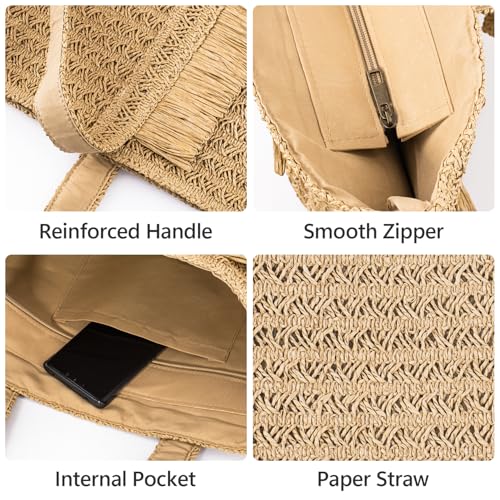 Peicees Straw Woven Bag for Women- Beach Tote Purse with Leak-Proof Lining Summer Travel Vacation Boho Shoulder Bag Large 17L - color: Khaki
