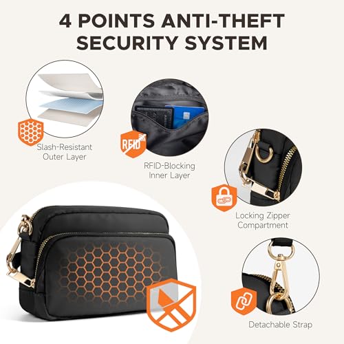 Joryin Anti Theft Crossbody Bag for Women, Slash-resistant RFID Blocking Travel Purses, Small Shoulder Bag Handbag, Nylon - color: Black