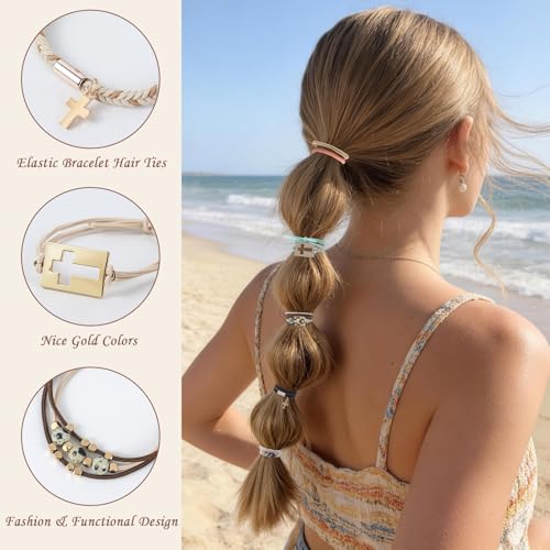 10 PCS Boho Hair Ties Bracelet for Women - 5 Styles Soft Braided Nylon Elastic Hair Bands No Damage Ponytail Holders - Cute Hair Accessories for Thick Thin Curly Hair with Gift Box - color: Brown