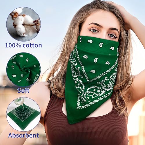 6 Pack Pure Cotton Bandana, Multi-Purpose Square Handkerchief, Face Mask headband for Men and Women - color: Green